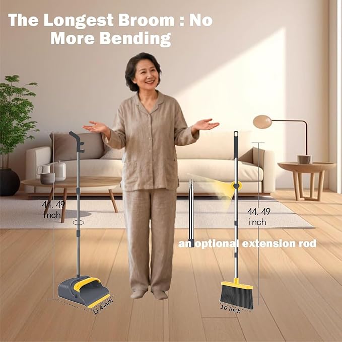Broom and Dustpan Set with Long Handle - Upright Dustpan & 3 Rows Dense Bristles, Ideal for Home, Office, Kitchen, Lobby, Shop, All-Purpose Indoor & Outdoor Sweeping,Gray&Yellow