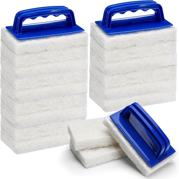 Maxdot 18 Pcs Handled Bath Scrubber Set, 15 Bathroom Scouring Pad 3 Bathtub Scrubber with Handle Non Scratch Soap Scum Remover for Cleaning Sink Shower Tile Swimming Pool Step Corner(Blue and White)