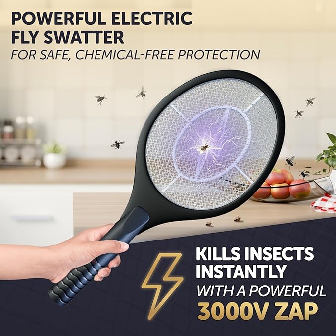 Bug Zapper Racket - Electric Fly Swatter & Mosquito Zapper for Indoor/Outdoor Insect Control - Battery-Operated Tennis Racket Zap - Lightweight & Portable High Voltage Bug Zapper - Black Mamba