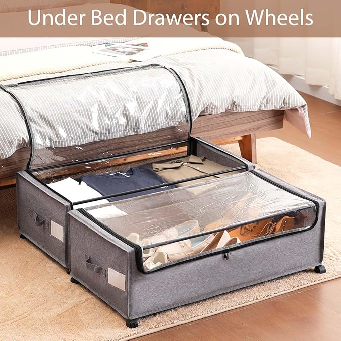 FOUCSSOMEI Under Bed Storage with Wheels, Rolling Under bed Storage with Metal Frame, Under Bed Shoe Storage for Space Saving, Zippered Clear Lid, Heavy-Duty Steel Base for Clothes,4XL 90L