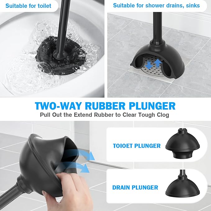 Toilet Plunger and Brush Set, Silicone Bowl Brush and Heavy Duty Toilet Plunger with Ventilated Holder, 2-in-1 Toilet Brush and Plunger Combo for 5.3-inch Toilet Drain Bathroom Deeply Cleaning (Black)