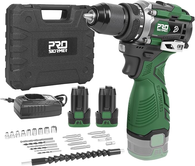 Prostormer 17V Brushless Power Drill Set, 60N.m Cordless Drill Driver with 2 Variable Speed, 3/8" Keyless Chuck, 24 Pcs Drill Bits, 2pcs 1.5Ah Battery & Charger, Storage Box Included