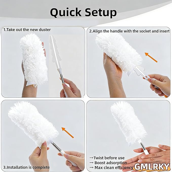 Heavy Duty Duster Refills, Disposable Dusters Kit for Cleaning Dusting Furniture Blind Ceiling Fan, Multi Surface 360 Feather Duster(10)+3FT Extended Handle（1） (White)