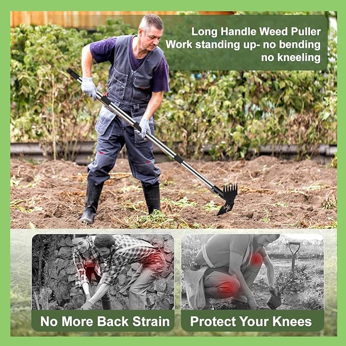 Weeding Tool with Long Handles, 60" Manual Weed Tool Stainless Steel 2 in 1 Hand Weeding Slicker for Gardening, Lawn, Yard, Yard, Yard
