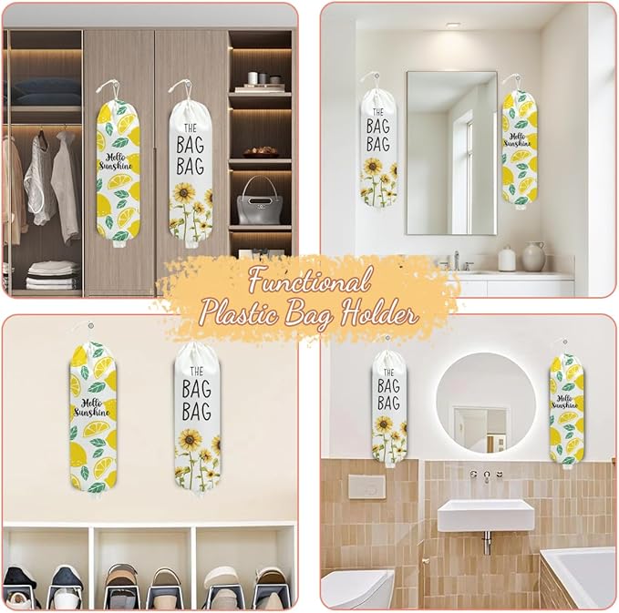 2 Pcs Sunflower Plastic Bag Holder, Lemon grocery bag holder for plastic Storage bag, Reusable Grocery Bag Organizer with Drawstring, Pull Rope Free Adjustment, Home Kitchen Pantry Decor, 22.5x9 Inch
