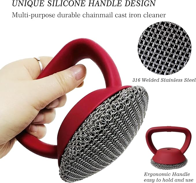 MEIXINZHI Cast Iron Cleaner, Chain Mail Scrubber & Pan Grill Scrapers - 2 in 1 Cast Iron Skillet Cleaner (red, with mat)