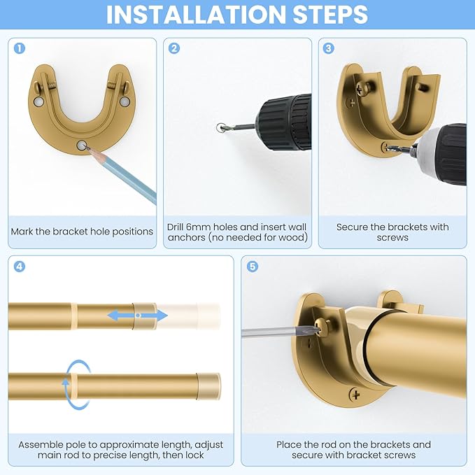Closet Rods for Hanging Clothes, 17 to 69 Inch Heavy Duty Stepless Adjustable Closet Hanging Rod, 1.3 Inch Diameter Metal Closet Rod for Wardrobes Laundry Bedroom RV, Gold