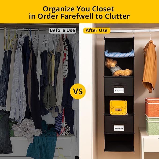 BrilliantJo 2 Pack 6 Shelves Hanging Closet Organizer with 2 Drawer, Hanging Storage with 4 Side Pockets for Clothes Shoes, 43.5"x12"x12"(Black)