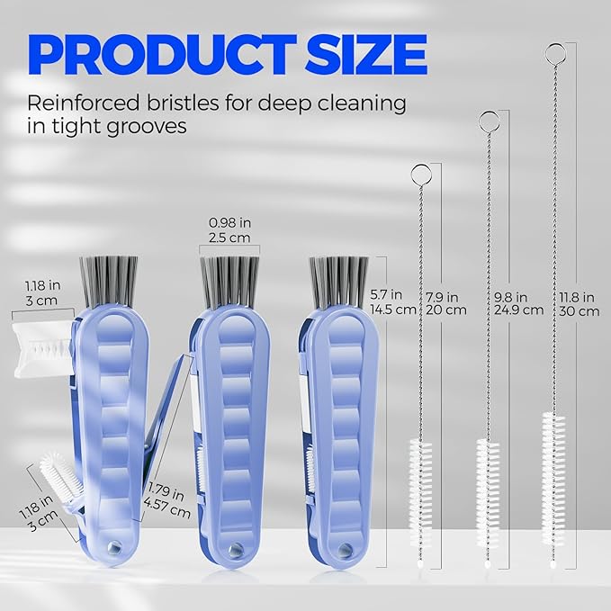 6 Pack Holikme 4 in 1 Cup Lid Cleaning Brush Set with 3 Straws, Multifunctional Bottle Brush, Silicone Cup Lid Gap Cleaner, Durable Bristle Crevice Cleaning Brush, Blue