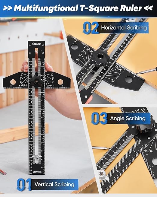 Saker Aluminum Alloy Multi-Angle Marking Ruler,Adjustable Sliding T-Square with Scriber & Protractor,Precision Layout Tool for Woodworking, Carpentry & Design (Black)