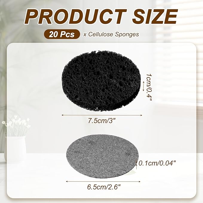 uxcell 20Pcs Cellulose Sponges, Round Kitchen Clean Sponges Non-Scratch Compressed Dish Scrubber for Kitchen Household Cookware Bathroom Cleaning & DIY, Black