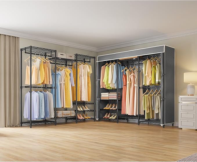 VIPEK V5C Medium Covered Clothes Rack Heavy Duty Portable Closet Wardrobe, Freestanding Black Clothing Rack with Grey Upgarded Polyester Cover, Adjustable Custom Closet Rack, 56.7" Lx15.7 Wx76.4 H