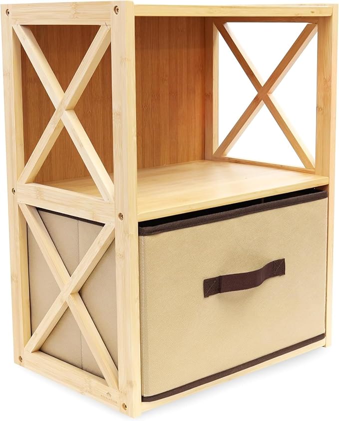 RoyalHouse 2-Tier Bamboo Storage Shelf with X-Design, Beige Fabric Drawer (2 Tier (11.5" D x 16.5" W x 21.5" H))