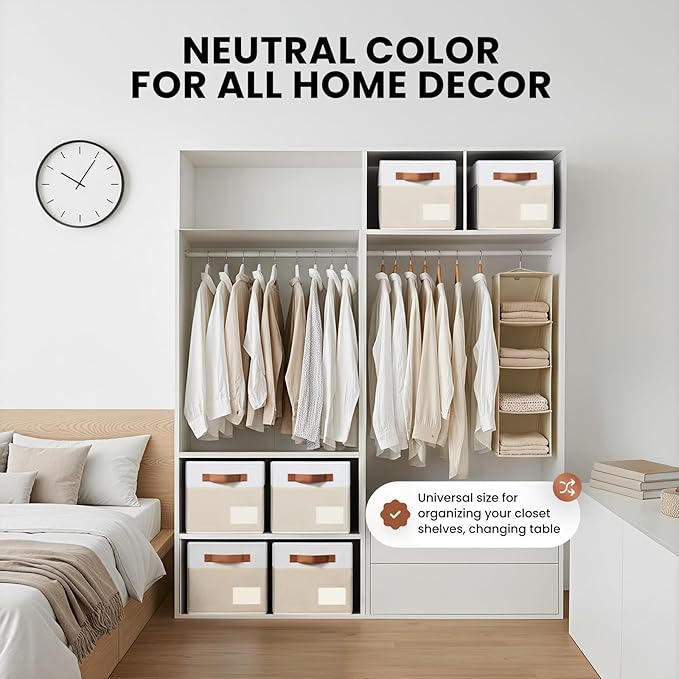 Criusia Large Closet Storage Baskets for organizing 4 Pack - Heavy Duty Closet Shelf Organizer Bins with Handles & Labels - Decorative Collapsible Baskets for Living Room Bedroom Nursery Dorm 14"x10"