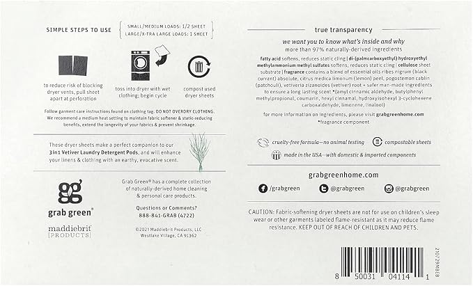 Grab Green Dryer Sheets, 80 Sheets, Vetiver Scent, Plant and Mineral Based, Compostable, Softens Fabrics, Reduces Static Cling and Wrinkles