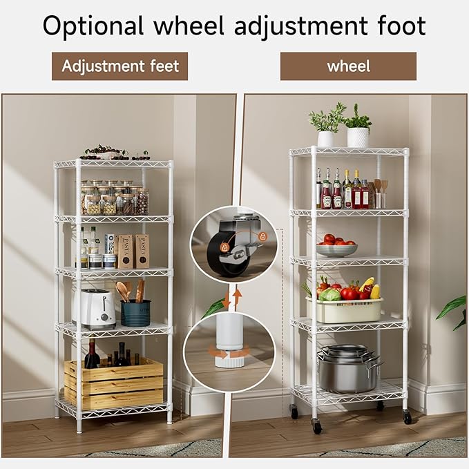 Golpart Small 5 Tier Shelves Storage Wire Shelving Unit Metal Shelf Adjustable Organizers Storage Shelving with Wheels for Bathroom Laundry Room Kitchen Pantry12”D x 18”W x 57.2”H White