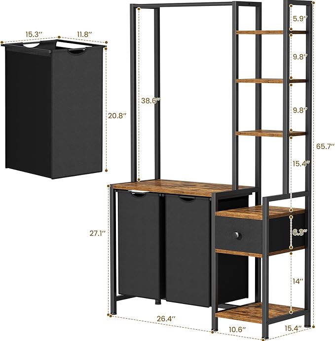 Creso hom Laundry Hamper with Shelf, 5 Tiers Tall Laundry Basket Sorter with 2 Pull-Out and Removable Bags, Clothes Rack with Laundry Sorter for Laundry Room Bathroom Bedroom, Rustic Brown