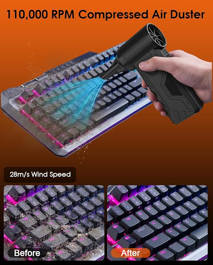 Super Power Compressed Air Duster – 110,000 RPM Cordless Electric Air Duster, 15W Fast Charging, 4 Speeds, Durable Mini Clean Duster - Replaces Canned Air for Keyboard, PC & Car Cleaning