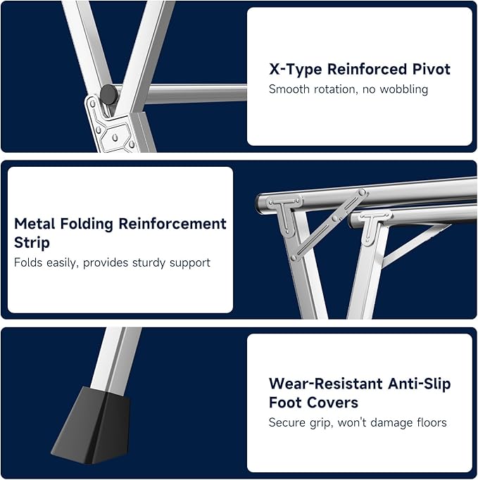 MIKEE 79-Inches Clothes Drying Rack,Foldable Laundry Drying Rack Clothing for Indoor/Outdoor，Length-Adjustable Clothes Rack，Space-Saving,with 20 Windproof Hooks