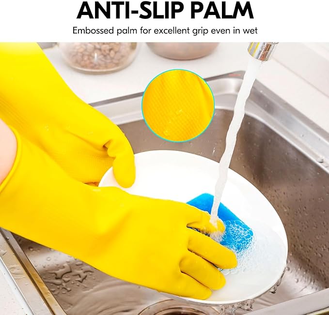 Vgo... 3-Pairs Reusable Household Gloves, Rubber Dishwashing gloves, Extra Thickness, Long Sleeves, Kitchen Cleaning, Working, Painting, Gardening, Pet Care (Size M, Yellow, HH4601)