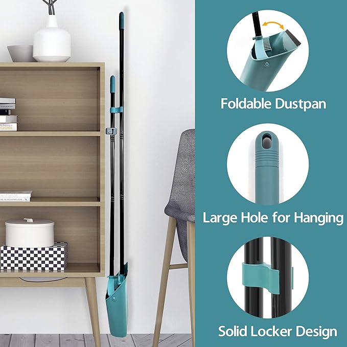 JEHONN Broom with Dustpan Combo Set, Long Handle Lightweight Indoor Broom Set, Upright Standing Dust Pan with Comb Teeth Store Sweep Set for Home Room Kitchen Office Lobby (Grey-Green)