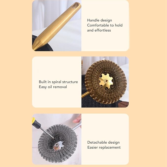 Stainless Steel Wool Scrubber with Long Handle, Handheld Scrubbing Cleaner Brush Scrubbing Scouring Pad Cleansing Supplies for Pots Pans Grills (Gold)
