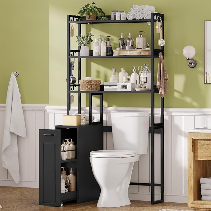 UPOSOJA Over The Toilet Storage Cabinet with Pulley, Bathroom Organizer W/6 Hooks for Restroom, Laundry, Plant Stand (Black)