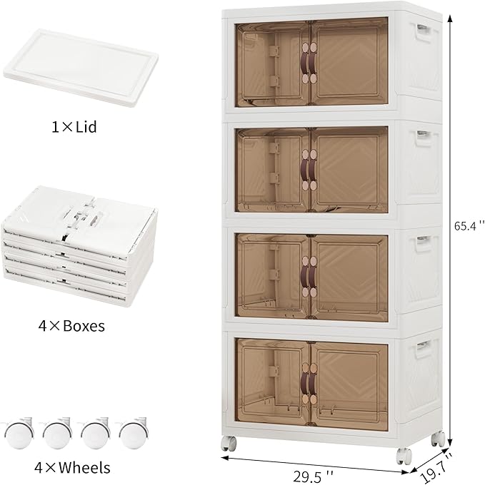 Storage Bins with Lids and Wheels, 660QT-165QT*4Tier Collapsible Bathroom Storage Cabinet with Clear Doors, Plastic Stackable Closet Organizers and Containers White