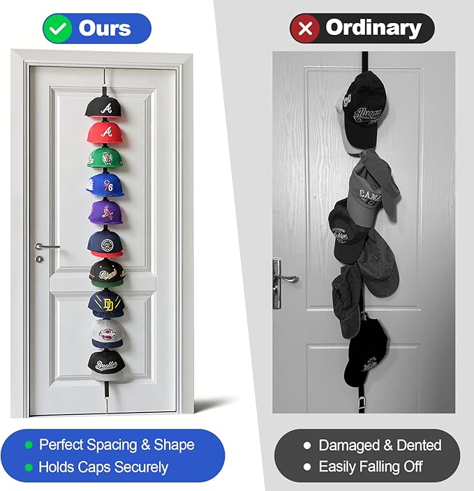 Aoodaily Hat Rack for Door - Two-Way Hanging Caps with Display Hooks and Hanger, Hat Organizer for Baseball Caps, Over the Door Hat Storage Organizer for Bedroom, Entrance or Garage Doors - 1 Pack