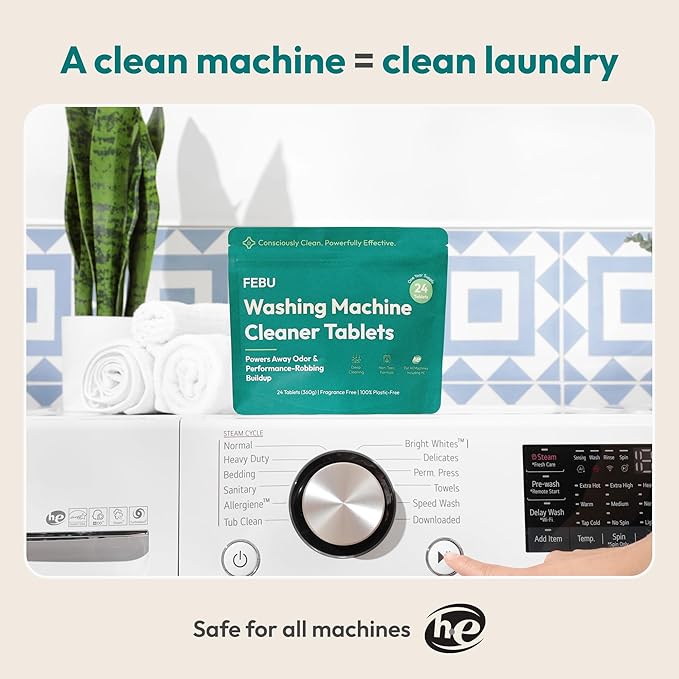 FEBU Washing Machine Cleaner Tablets Made in USA | Washer Machine Cleaner & Deodorizer | Removes Gunk & Grime | 7 Natural, Biodegradable, Plant-Based Ingredients | 24 Tablets - 12 Month Supply