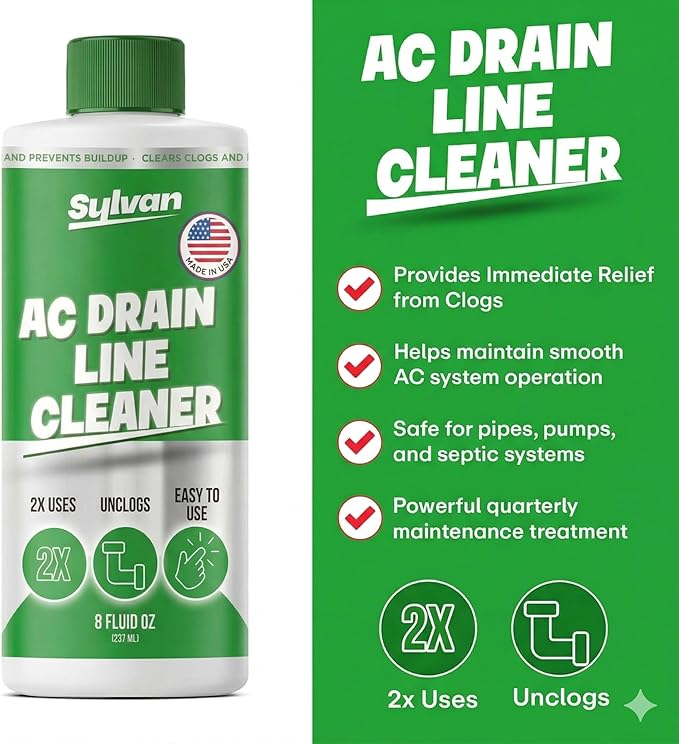 Sylvan AC Drain Line Cleaner | 8 oz | Instant Relief | Made in USA | Universal Compatibility | Removes Clogs and Buildup from HVAC Condensate Lines | Air Conditioner Unclogger