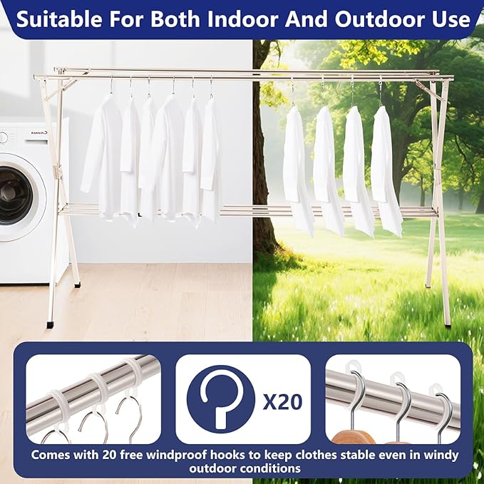 95 inches foldable clothes drying rack, heavy duty stainless steel laundry drying rack for indoor outdoor , clothes rack adjustable length. 3 additional reinforcement bars with 20 windproof hooks