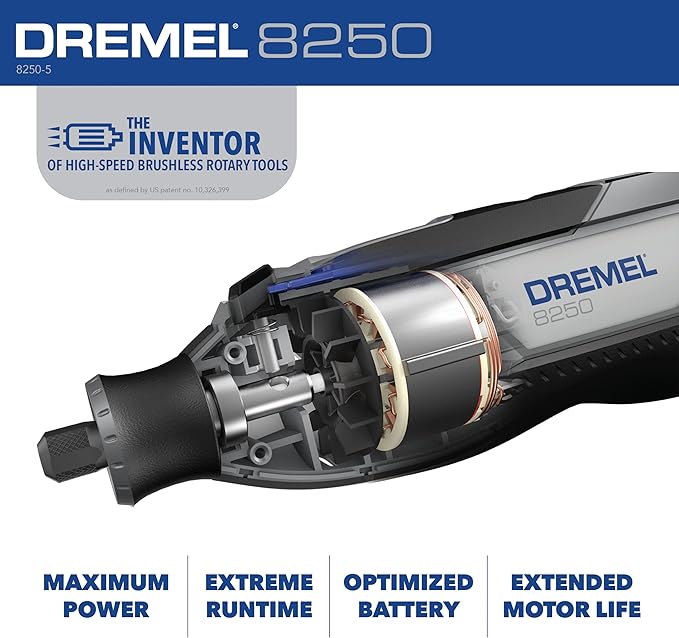 Dremel 8250-5 12V Lithium-Ion Variable Speed Cordless Rotary Tool with Brushless Motor - 5 Rotary Tool Accessories, 3Ah Battery, Charger, and Tool Bag