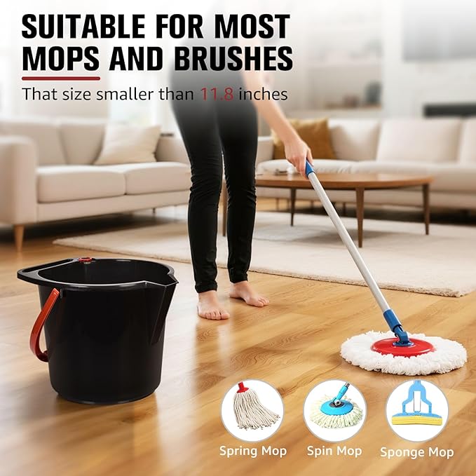 Matthew Cleaning 4.2 Gallon Mop Bucket, Heavy Duty Plastic Cleaning Bucket with Built-in Pour Spout, Mop Holder and Comfort Grip Handle, House and Commercial Cleaning Supplies, Case Pack 12 Pcs Black