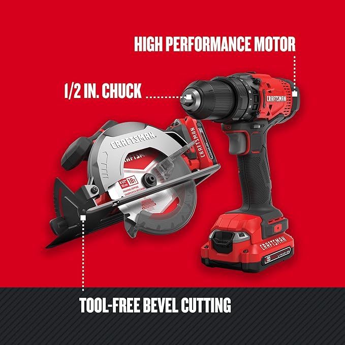 CRAFTSMAN V20 Cordless Power Tool Combo Kit, with Drill/Driver, Circular Saw, 2 Batteries and Charger (CMCK202C2)