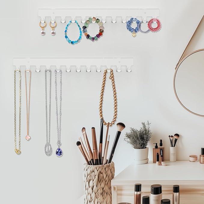2 Pack Necklace Holder - Hanging Jewelry Organizer, Self-Adhesive, Wall Mount (Clear)