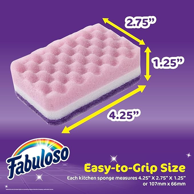 Fabuloso Scratch-Free Kitchen Dish Sponges, Purple Cellulose Scrubber Sponge with Scouring Pad for Dishes, Pots, Pans, Counters and Sinks, Tough on Messes, 4.25 x 2.75 x 1.25 in, 4 Count - 2 Pack
