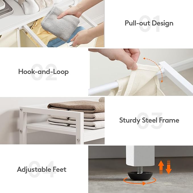 Lifewit Laundry Hamper 4 Section, 168L Pull out Laundry Clothes Basket Organizer with Large Top Shelf and 4 Removable Bags and Handles for Laundry Room Bedroom Bathroom, White with Shelves