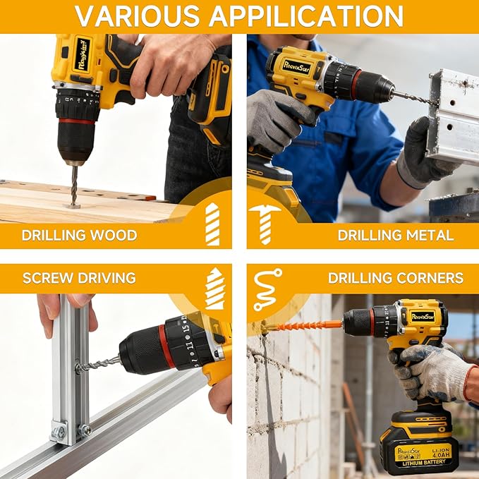 Cordless Drill Set, Power Drill Tool Set 20V, 3/8-Inch Keyless Chuck Drill Gun,Variable Speed (Equipped with 2x 4.0Ah Batteries)