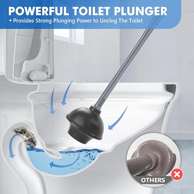 Toilet Plunger and Brush with Holder, Bowl Brush and Heavy Duty Toilet Plunger Set with Ventilated Holder, 2-in-1 Toilet Brush and Plunger Combo for 5.3-inch Toilet Drain New Pack (Grey, 1)