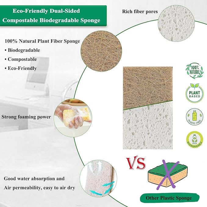 Natural Kitchen Sponge Compostable Kitchen Sponges Cellulose and Coconut Scrubber Abrasive Scrubbing Pads SmilePowo Environmentally Friendly Sponge for Dishes (12 Pack)