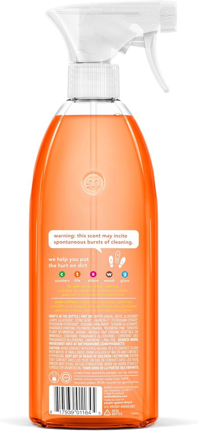 Method All-Purpose Cleaner Spray, Clementine, Perfect for Most Counters, Tiles, Stone, and More, 28 Oz Spray Bottles, (Pack of 8)