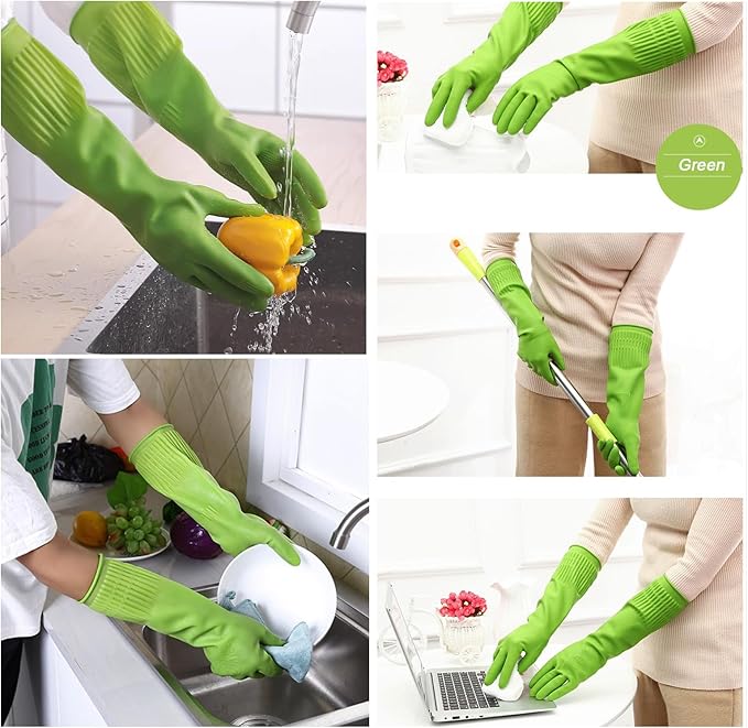 Bamllum 3 Pairs of Rubber Dishwashing Gloves for Kitchen and Household Cleaning – Long Cuff 15", Reusable, Flexible Long-lasting and Non-Slip (Red+Yellow+Green, X-Large)