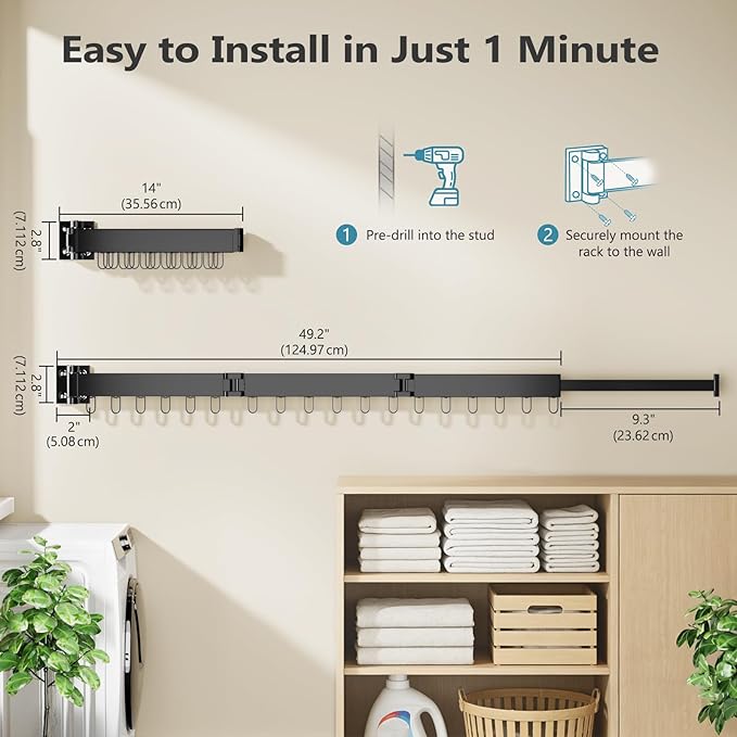 JAUREE Clothes Drying Rack Wall Mounted, Space-Saving Drying Rack Clothing, Collapsible Foldable Retractable Laundry Rack with 18 Hooks, Indoor/Outdoor, Black