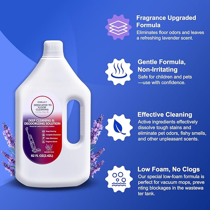 Lavender Floor Cleaning Solution, 82 FL OZ, Deep Cleans for Multiple Hard Floors, Compatible with Tineco S3/S5/S7 Pro & iFloor 3/5 (No Steam), Stain-Busting, Deep Deodorization Pet Friendly
