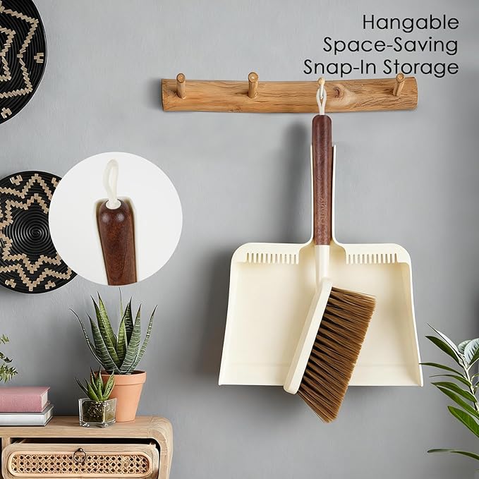 Hand Broom and Dustpan Set,Portable Small Dustpan and Brush Set with Sapele Wood Handle,Teeth Design,Compact Hangable Broom with Dustpan for Cleaning Desktops Kitchen Sofa Pet Hair,Beige