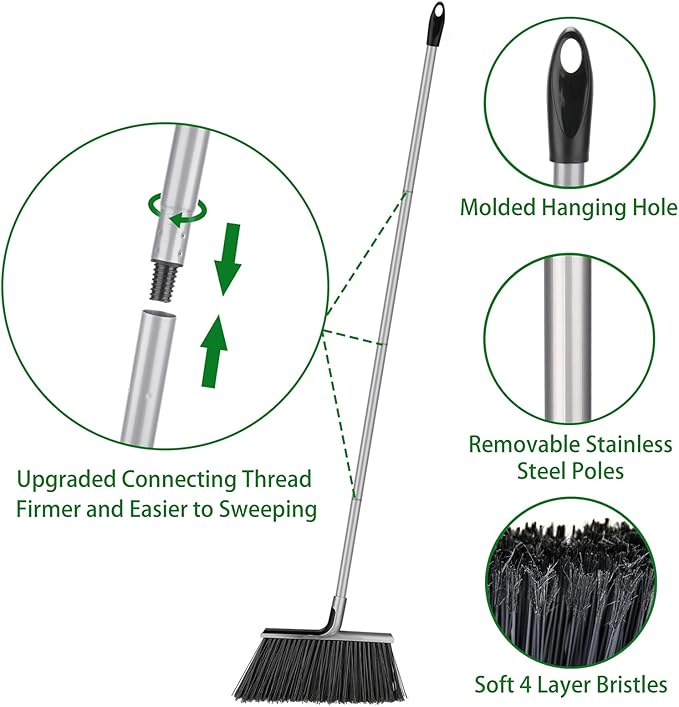 Indoor/Outdoor Broom for Floor Cleaning with 58 inch Long Handle, Angle Brooms Heavy Duty for Home Garage Kitchen Office Courtyard Lobby Lawn Concrete (Gray)