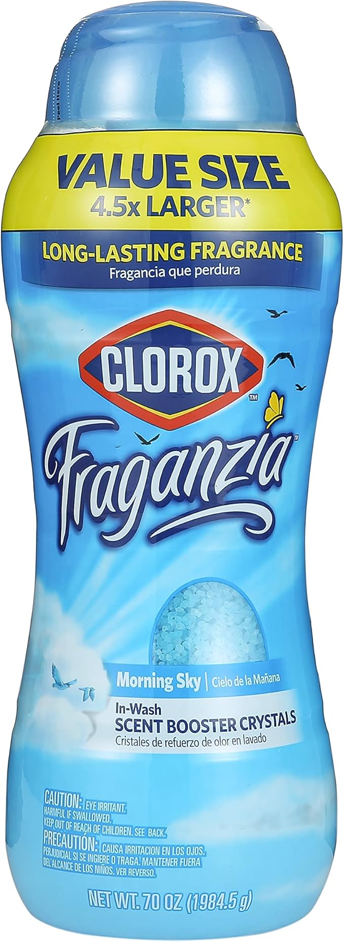 Clorox Fraganzia Laundry Scent Booster Crystals, In-Wash Fragrance Beads for Fresh-Smelling Clothes & Linens, Safe for All Fabrics & Colors, Easy-Pour Bottle, Morning Sky Scent, 70 Oz