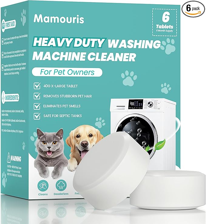 Heavy Duty Washing Machine Cleaner Tablets, Deep Cleaning For High Capacity HE, Front Loader & Top Load, Removes Pet Hair, Odors, Formulated for Pet Owners, 6 Month Supply, 6 XL Tablets, 40G