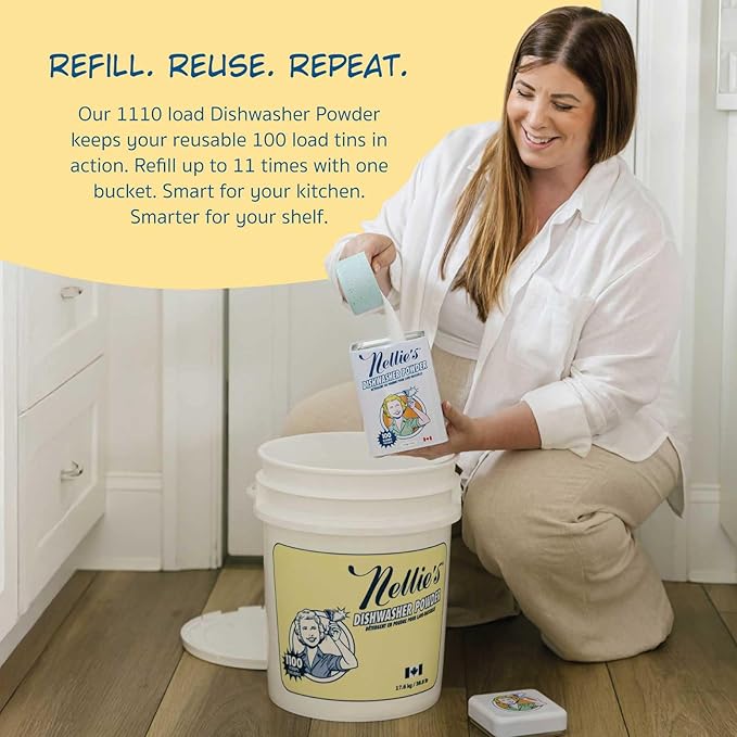 Nellie's Dishwasher Powder - Superior Grease Penetration, Powerful Plant-Based Formula, Safe for Septic Systems, Advanced Food Particle Dislodging, Eco-Conscious Cleaning - 1,100 Scoop Bulk Bucket